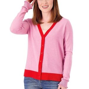 New Two Tone Button Front V-Neck Cardigan Sweater Pink Red Size Medium